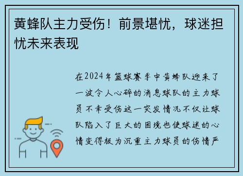 黄蜂队主力受伤！前景堪忧，球迷担忧未来表现